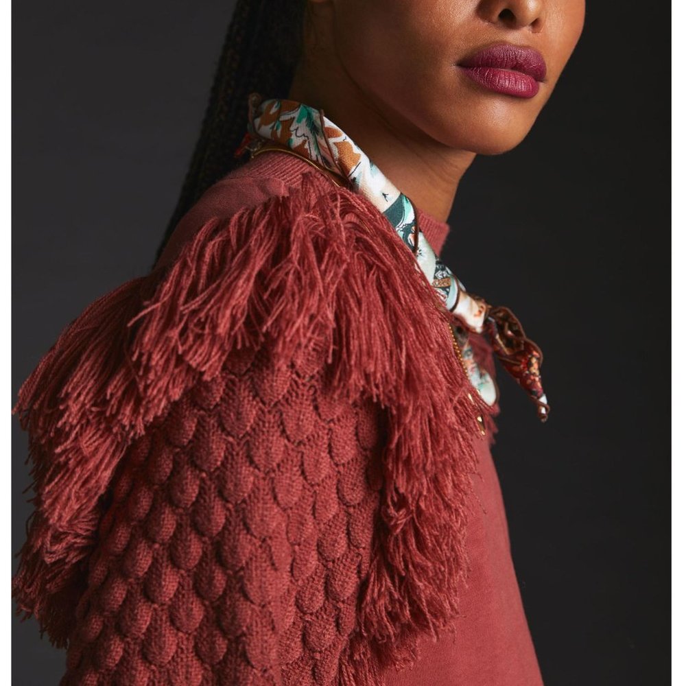 Anthropologie DOLAN Fringed Sweater Cocoa Red Brown Large - Picture 3 of 10